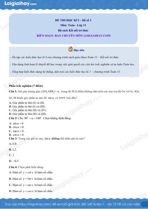 Đề thi học kì 1 Toán 11 Kết nối tri thức - Đề số 3